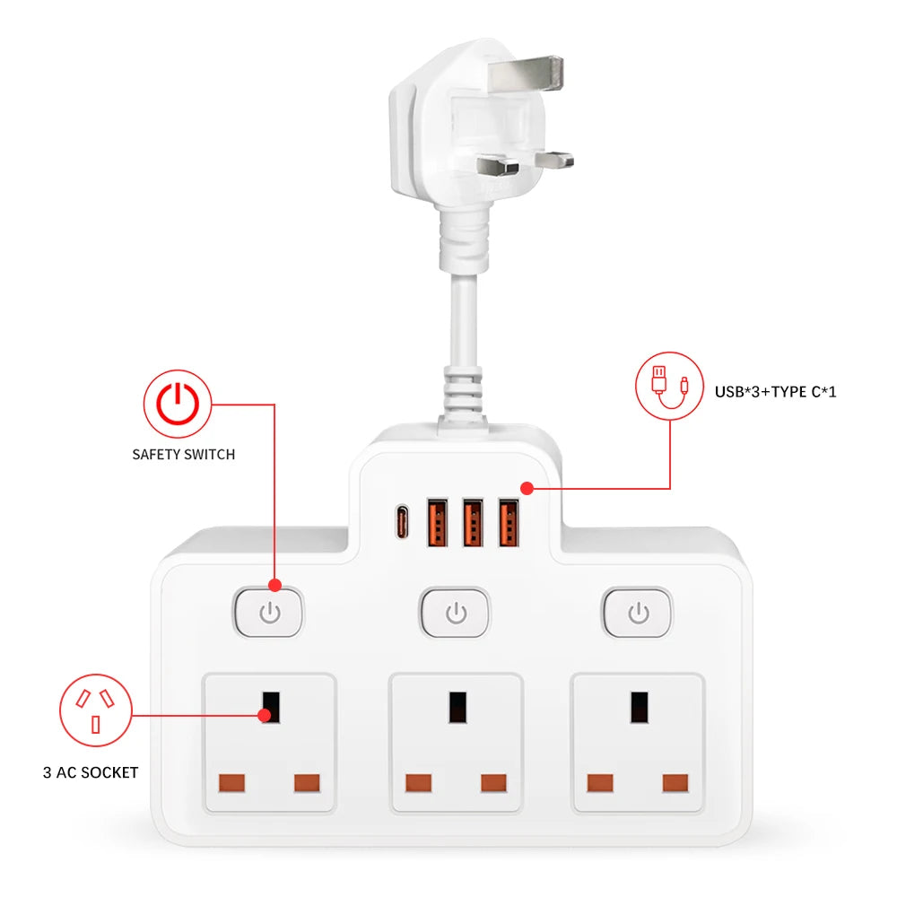 UK Power Strip with AC Outlets, USB-C & Network Filter