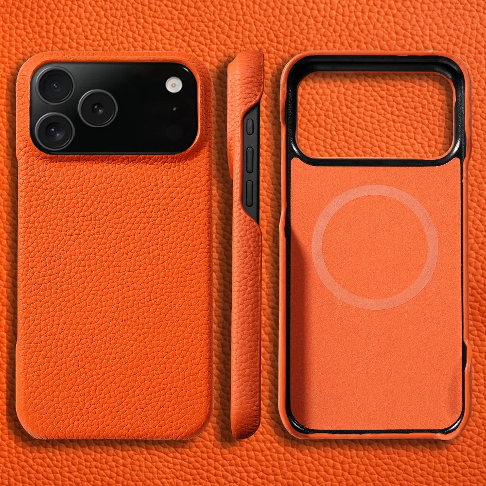Lychee Genuine Leather Magnetic Case — iPhone 15–17 Series
