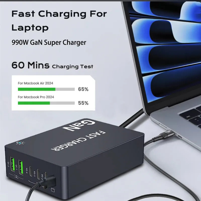 990W GaN Desktop Charging Station – 6-Port Fast Charger with 4 USB-C & 2 USB-A Ports