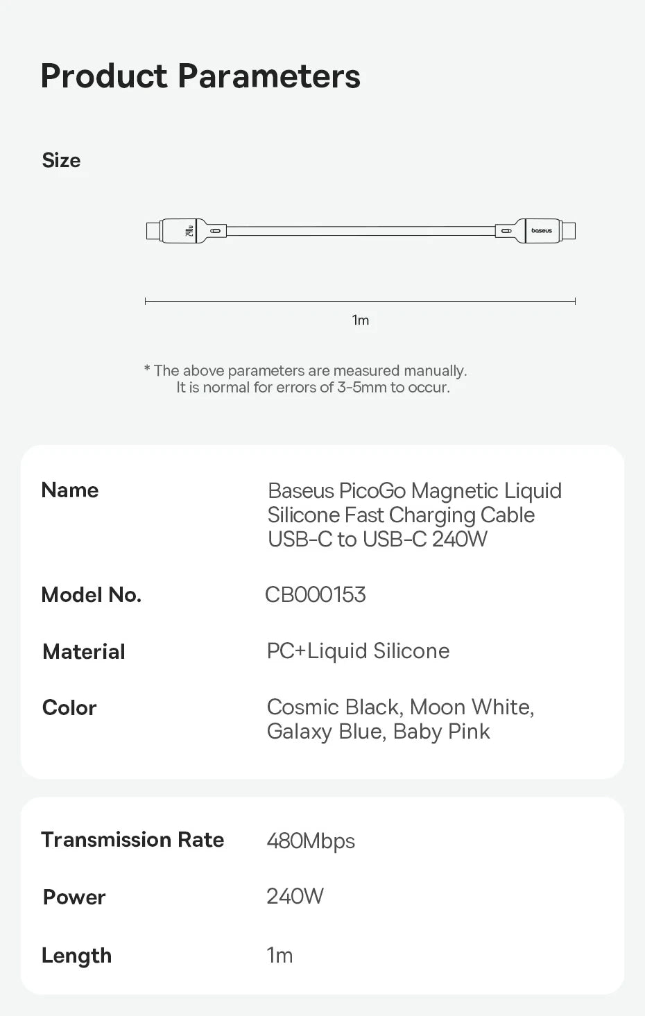 Baseus Picogo 240W Magnetic USB-C Fast Charging Cable