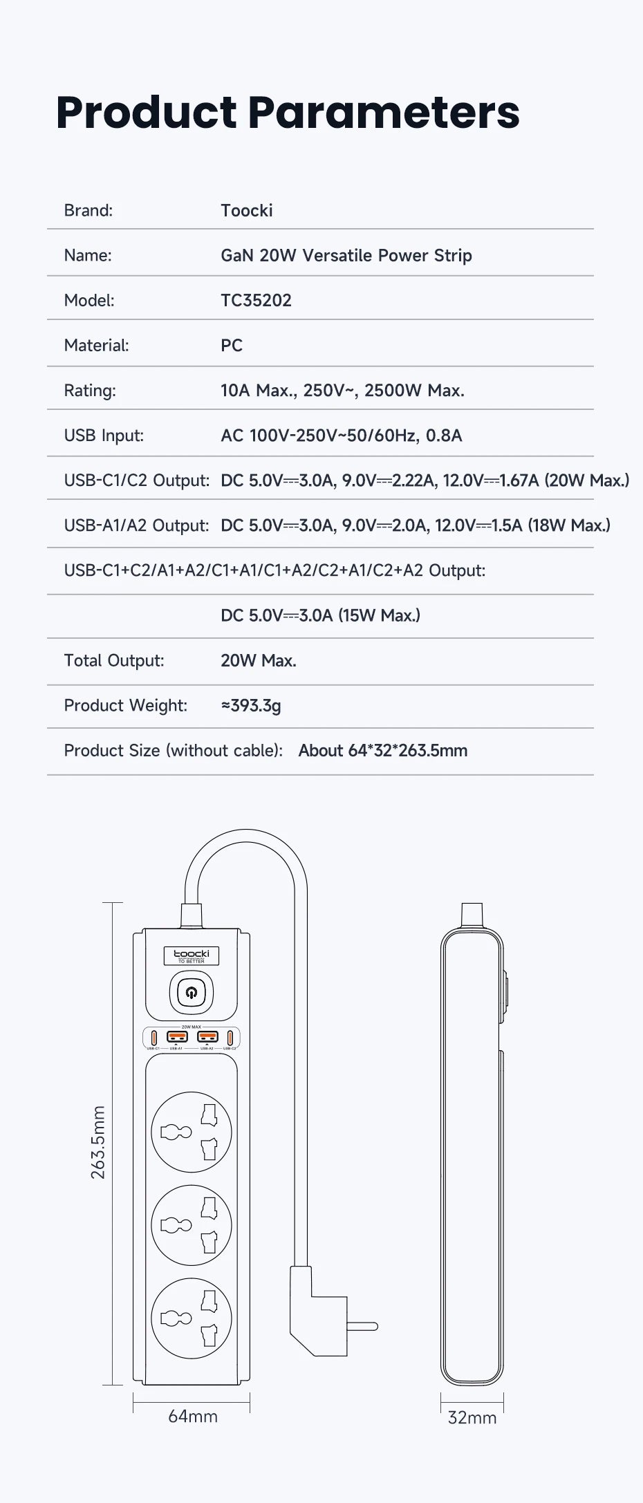 Toocki PD20W GaN Versatile Power Strip 2500W Max Universal 3AC Outlet EU UK US Plug Adapter Electrical Socket 2M Extension Cable