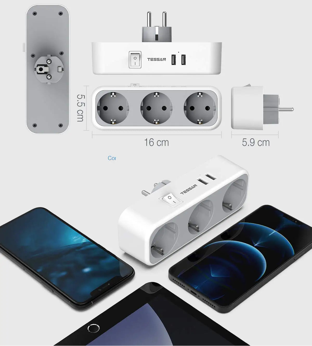 Small electronic device with multiple sockets and plugs, shown with smartphone and tablet for scale.