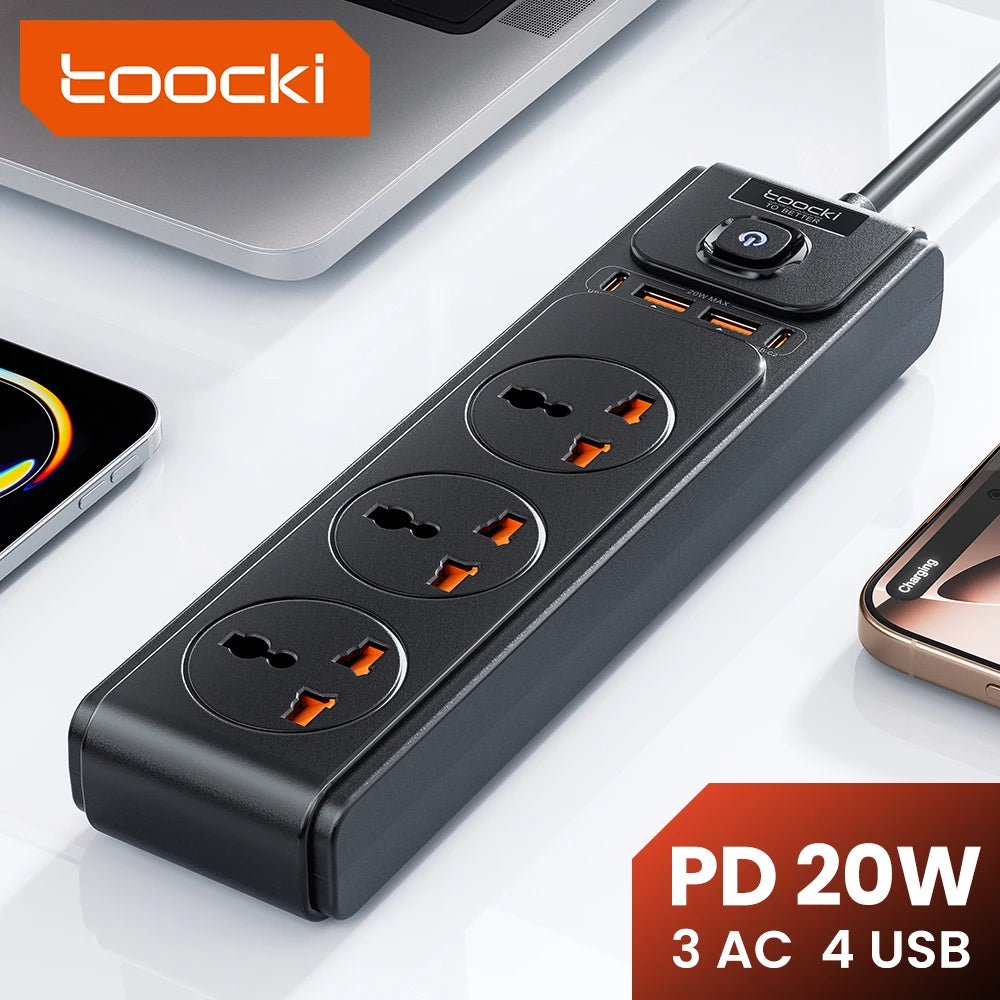 Toocki PD20W GaN Versatile Power Strip 2500W Max Universal 3AC Outlet EU UK US Plug Adapter Electrical Socket 2M Extension Cable