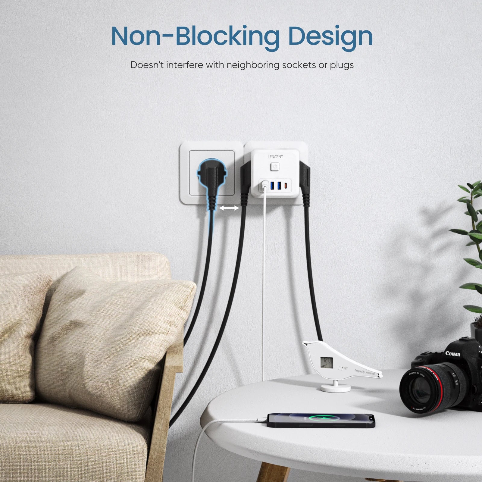 LENCENT 7-in-1 EU Power Strip – 3 AC + 3 USB + Type-C PD 35W Fast Charger