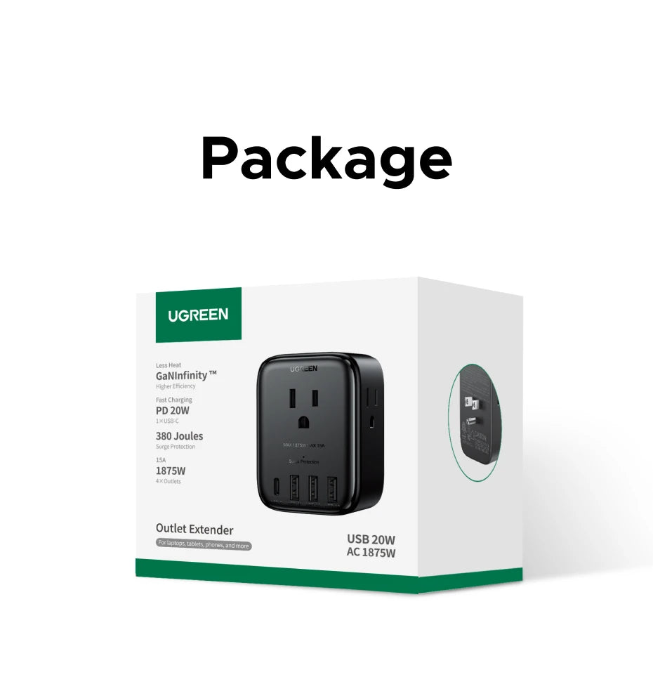 UGREEN 20W Power Strip – 4 AC Outlets, 3 USB-A & 1 USB-C for Home & Travel