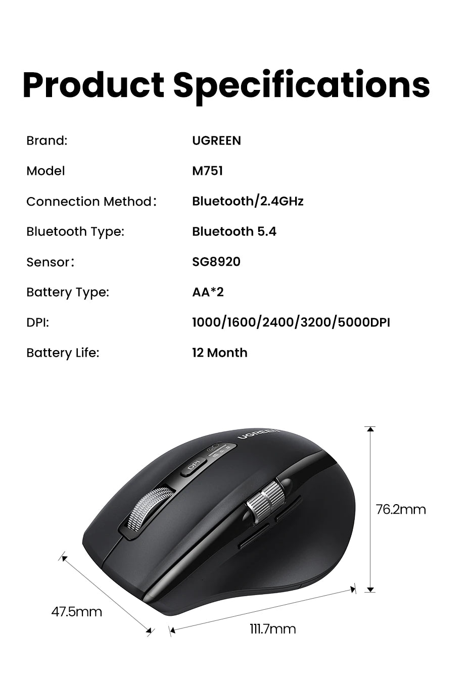 UGREEN Wireless Hyper-Fast Scroll Mouse – Bluetooth 5.4 & 2.4G, Ergonomic, 5000 DPI