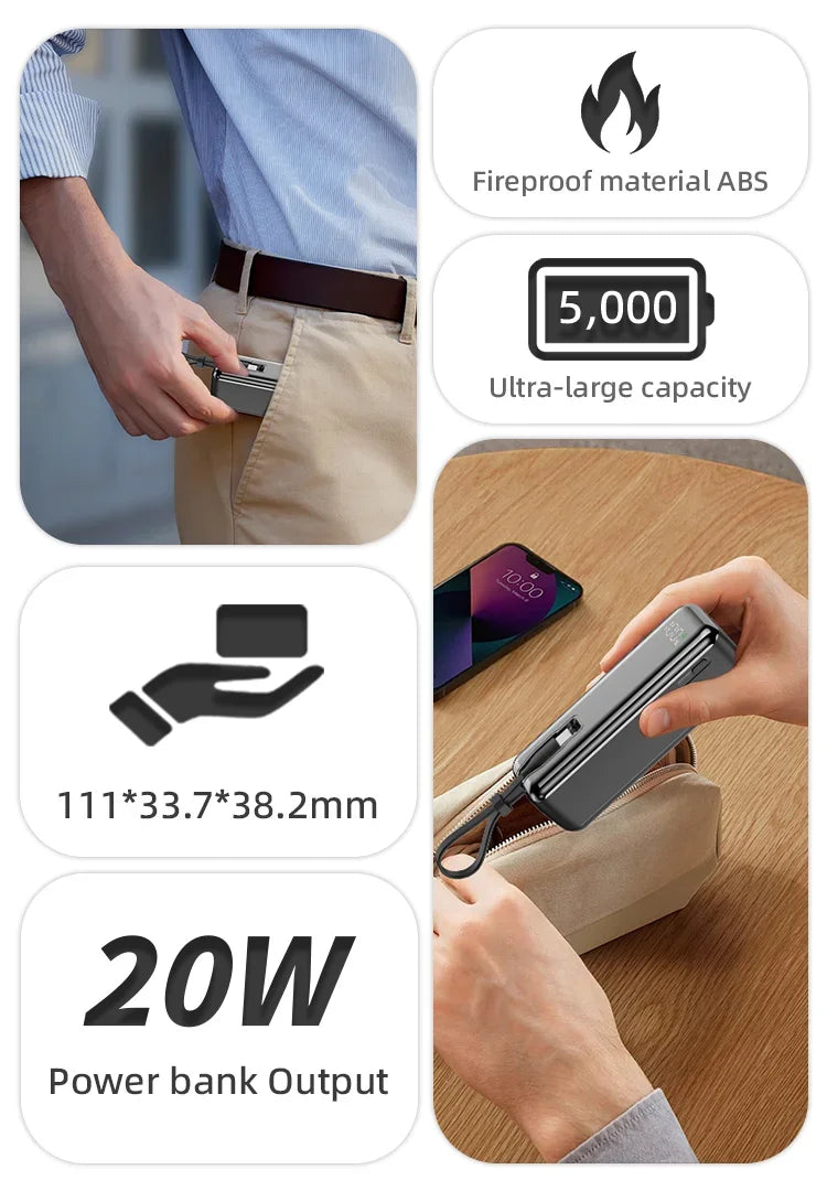 5000mAh Mini Power Bank – 20W Fast Charging with Cable