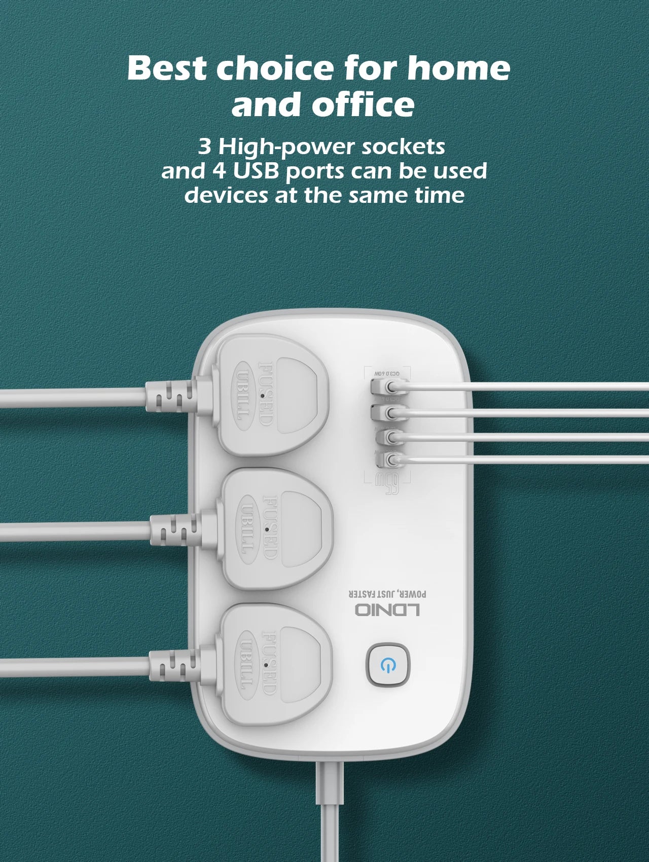 LDNIO 65W Power Strip – 3 AC Outlets & 4 USB Ports