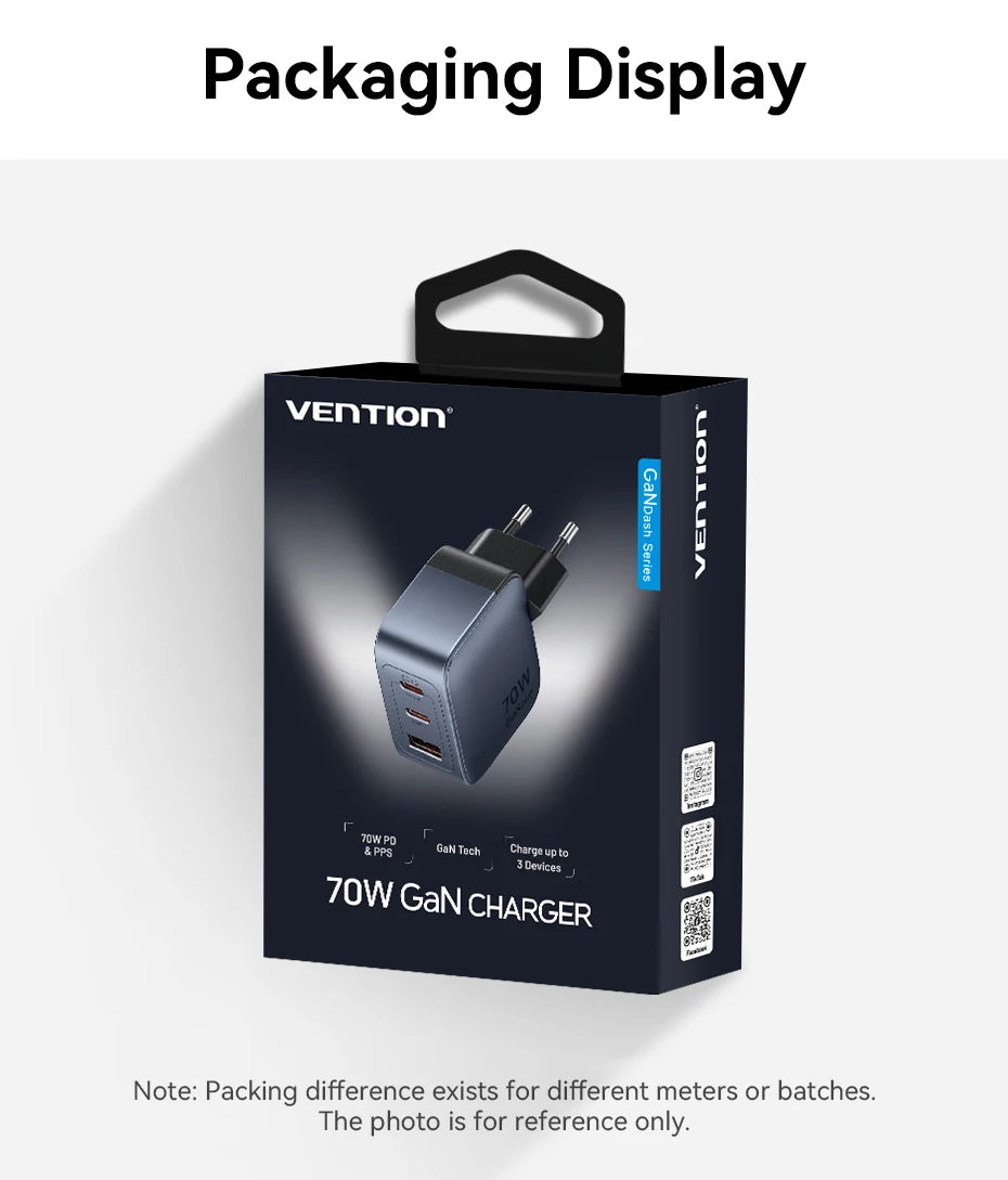 Vention 70W GaN Fast Charger – USB-C PD for Phones & Laptops