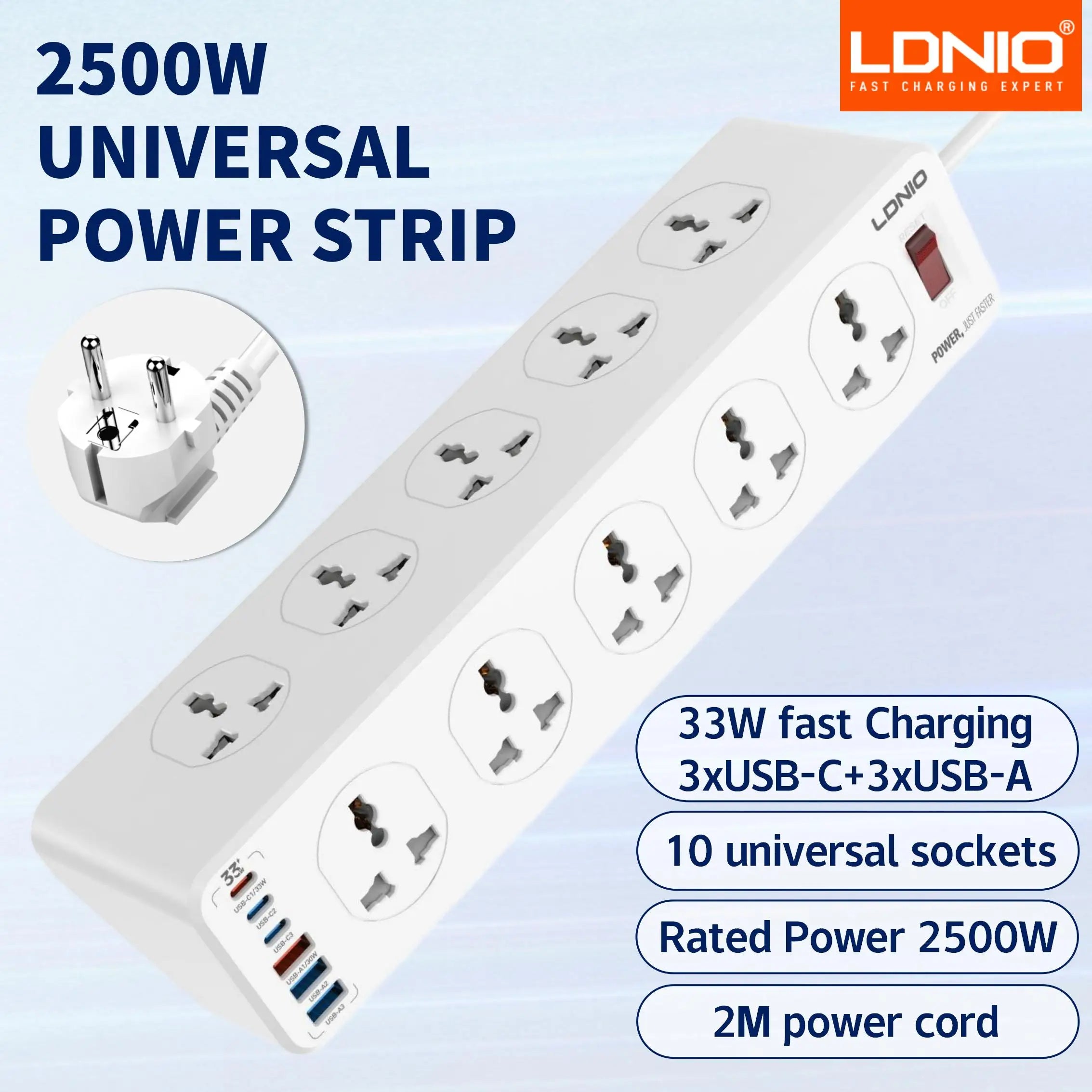 LDNIO Power Strip – 10 AC Outlets with USB-C, Surge Protector, 2M Extension Cord