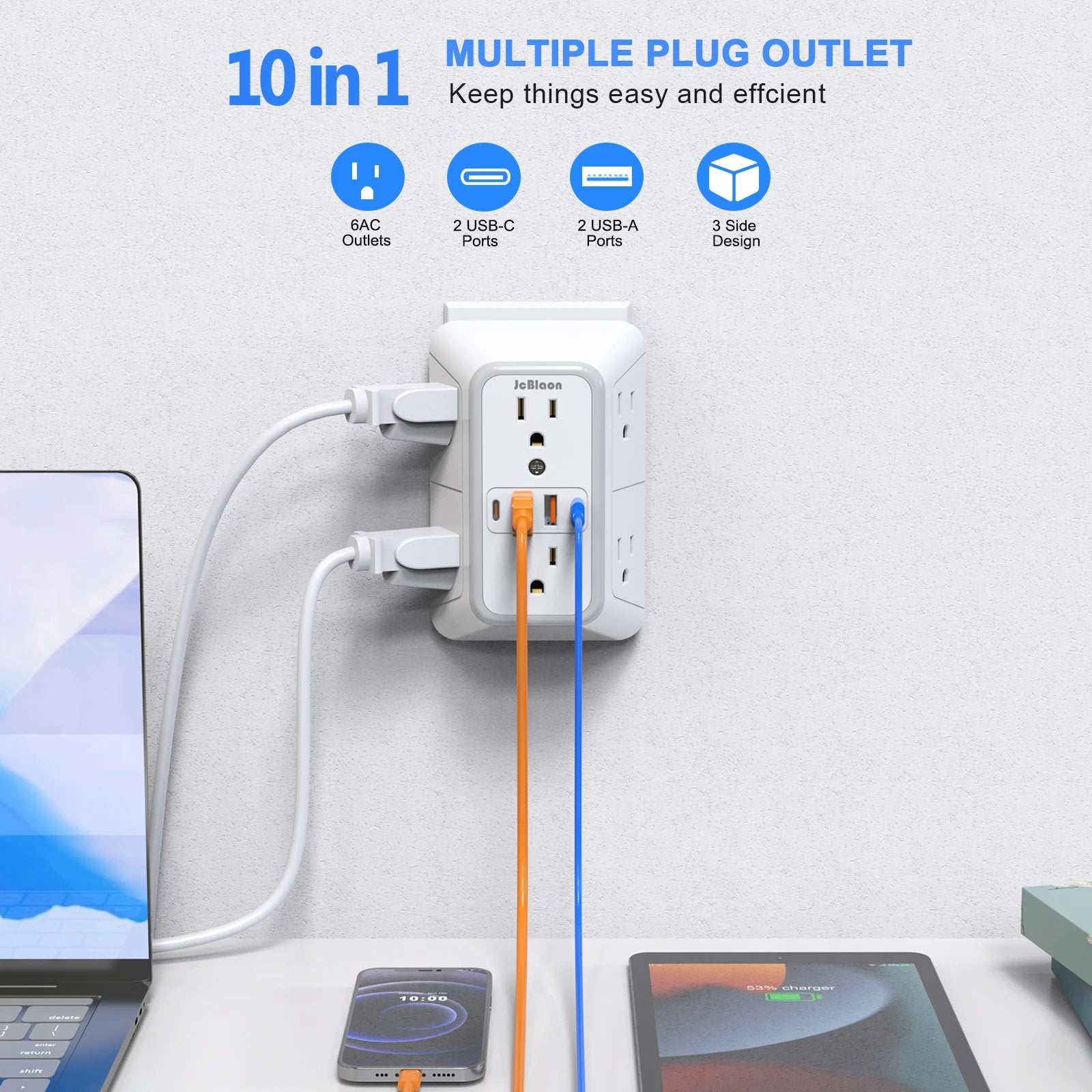US Multi-Socket Wall Power Strip – 6 AC Outlets, 2 USB & 2 USB-C with Network Filter
