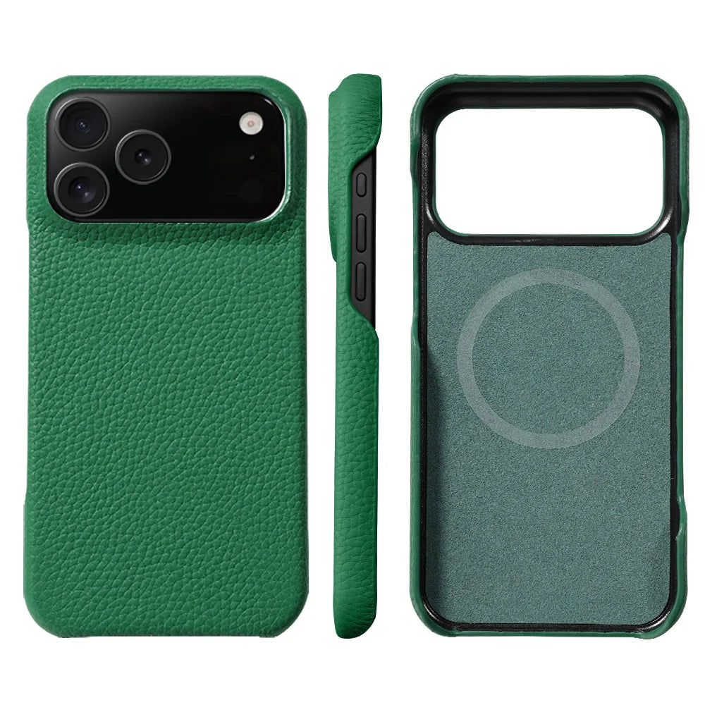 Lychee Genuine Leather Magnetic Case — iPhone 15–17 Series