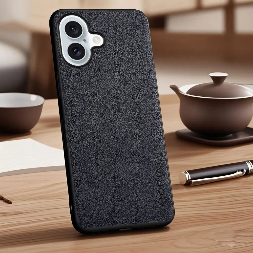 Vegan Faux Lychee Pebbled Leather Case for iPhone 15–17 Series – Soft Protective Cover