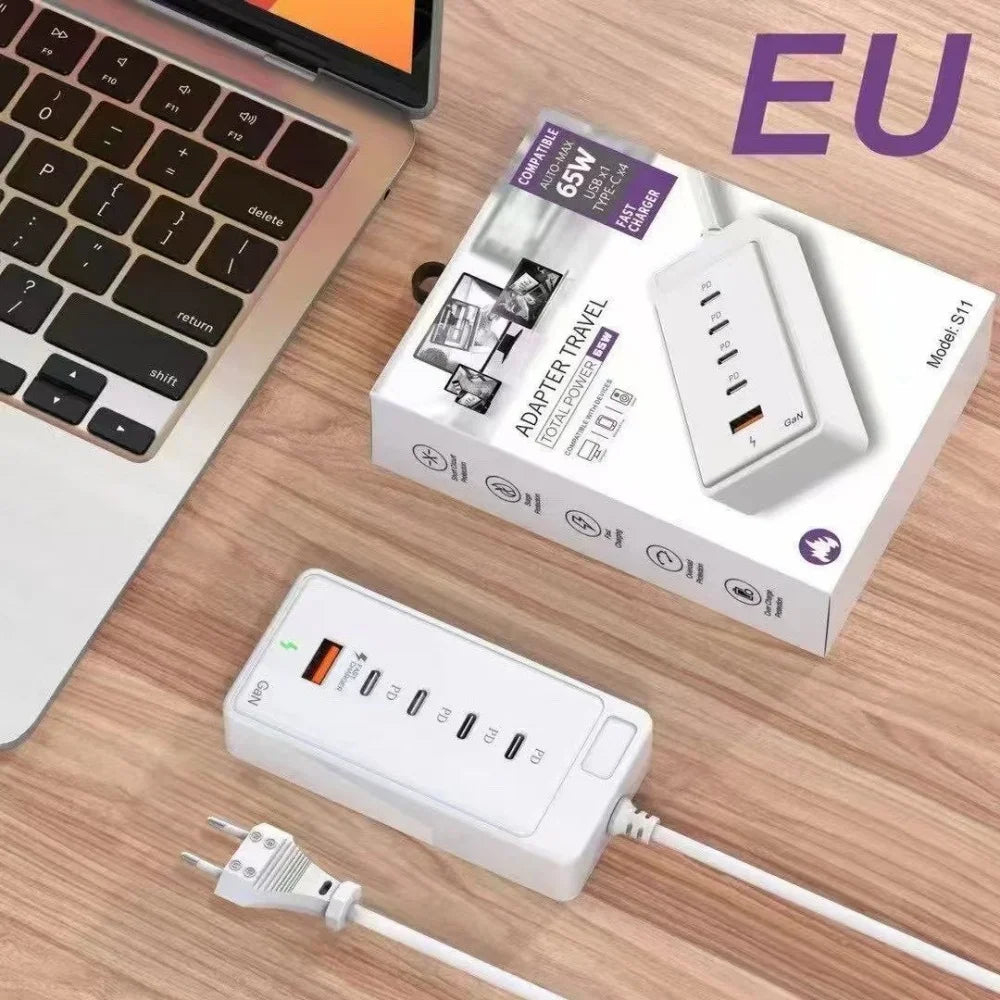 65W USB-C Fast Charging Hub – Multi-Port Wall Charger with 1M Extension Power Socket