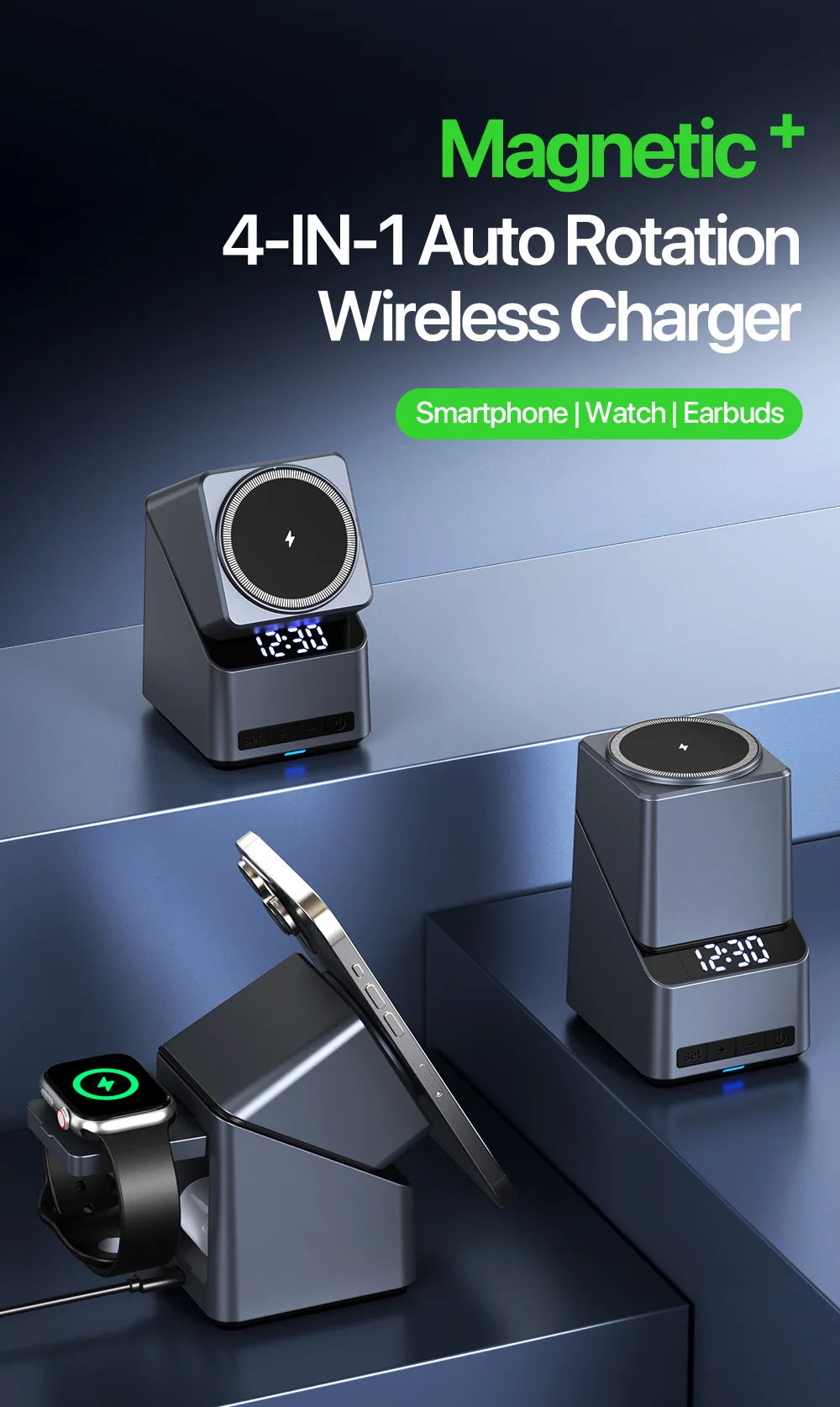 4-in-1 Magnetic Auto-Rotation Wireless Charger – iPhone, Apple Watch & AirPods