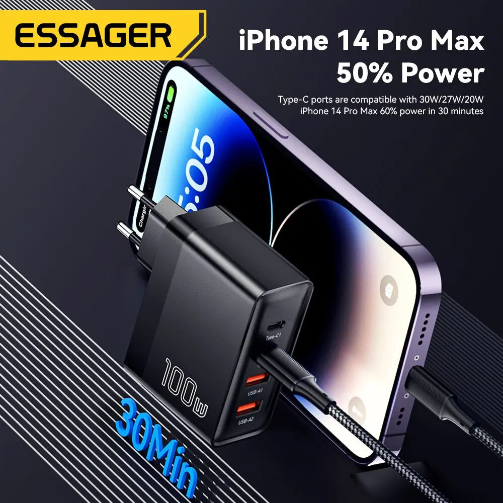 Essager 100W GaN USB-C Quick Charger – PD & QC for iPhone, Xiaomi, MacBook