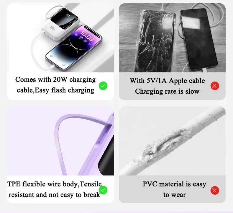 66W 30000mAh Portable Power Bank with Built-in Cables
