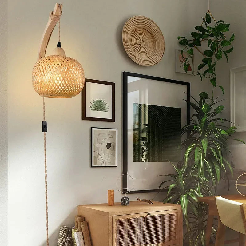 Bamboo Lantern Wall Lamp – Hand-Woven Rattan E27