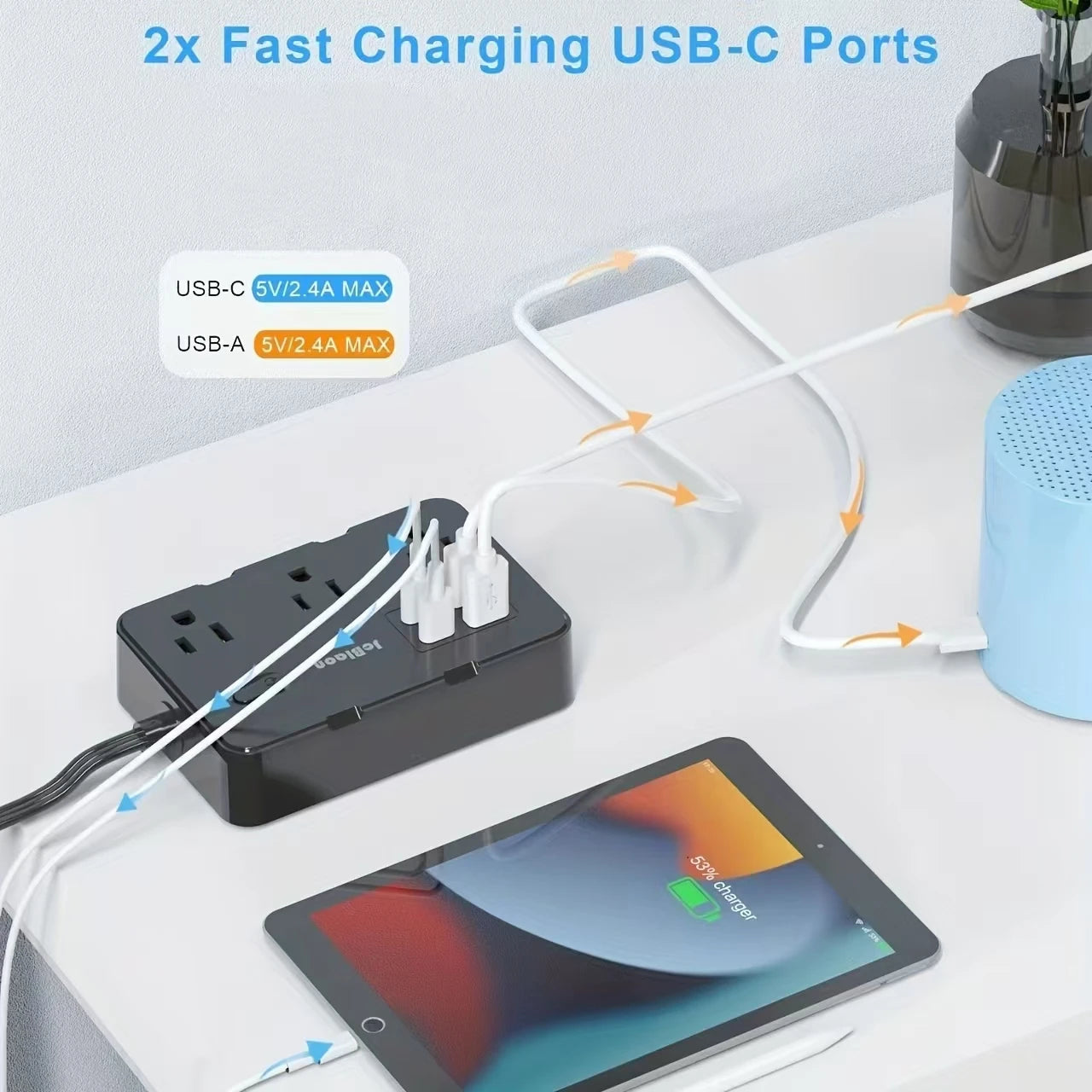 Power Strip Adapter – 6 AC Outlets & 4 USB Ports(2 USB - C) with 5ft Flat Cord