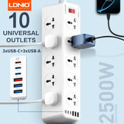 LDNIO Power Strip – 10 AC Outlets with USB-C, Surge Protector, 2M Extension Cord