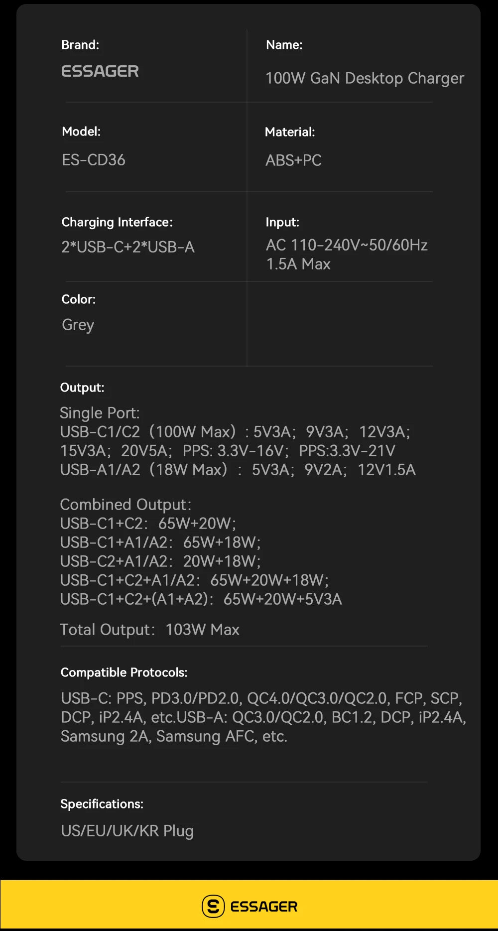 Essager PD & QC 100W USB-C Charger for Laptop & Phone