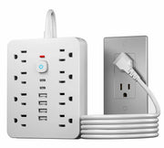 White power strip with multiple outlets and USB ports, including a wall-mounted outlet.
