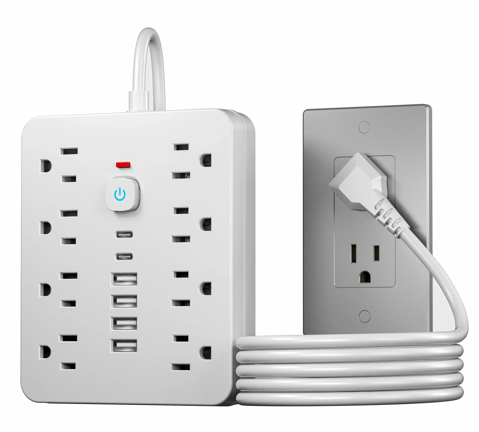 White power strip with multiple outlets and USB ports, including a wall-mounted outlet.