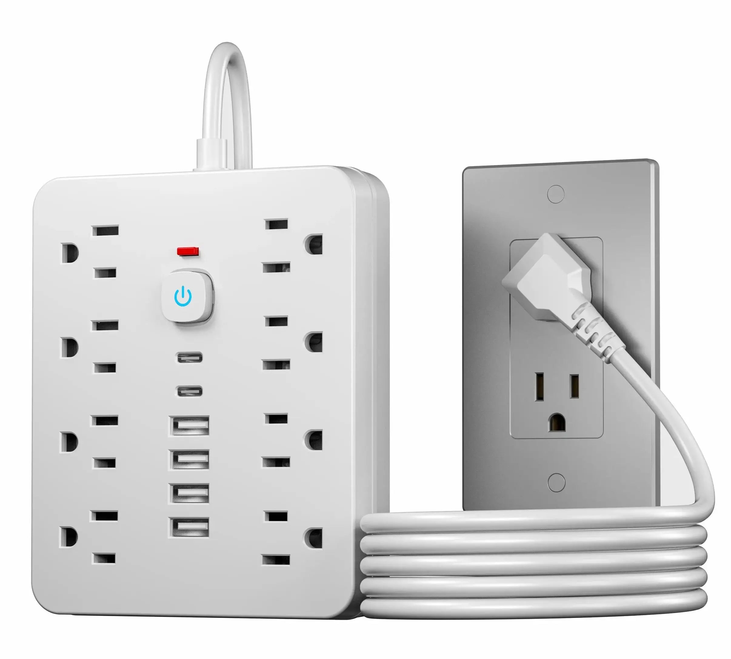 White power strip with multiple outlets and USB ports, including a wall-mounted outlet.