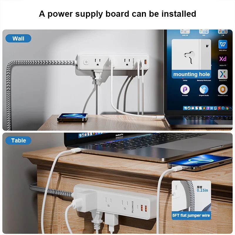 PUJIMAX Power Strip – 5ft Extension Cable with 5 AC Outlets & 3 USB Ports