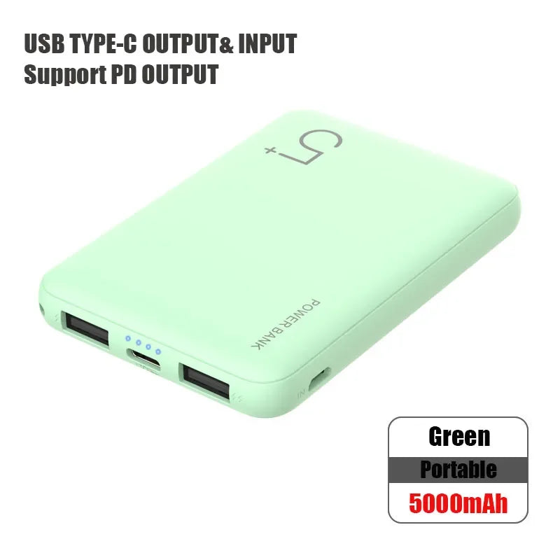 Portable 5000mAh Power Bank – Fast Charge Dual USB-C for Phones
