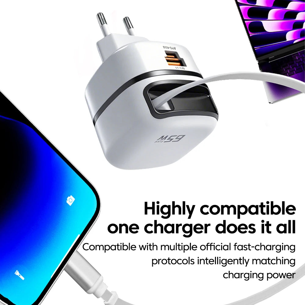 65W USB Type-C Travel Charger – Fast Charging for iPhone, Samsung & Laptops