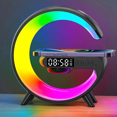 Multifunction Wireless Charging Station with Bluetooth Speaker, RGB Light & Digital Alarm Clock