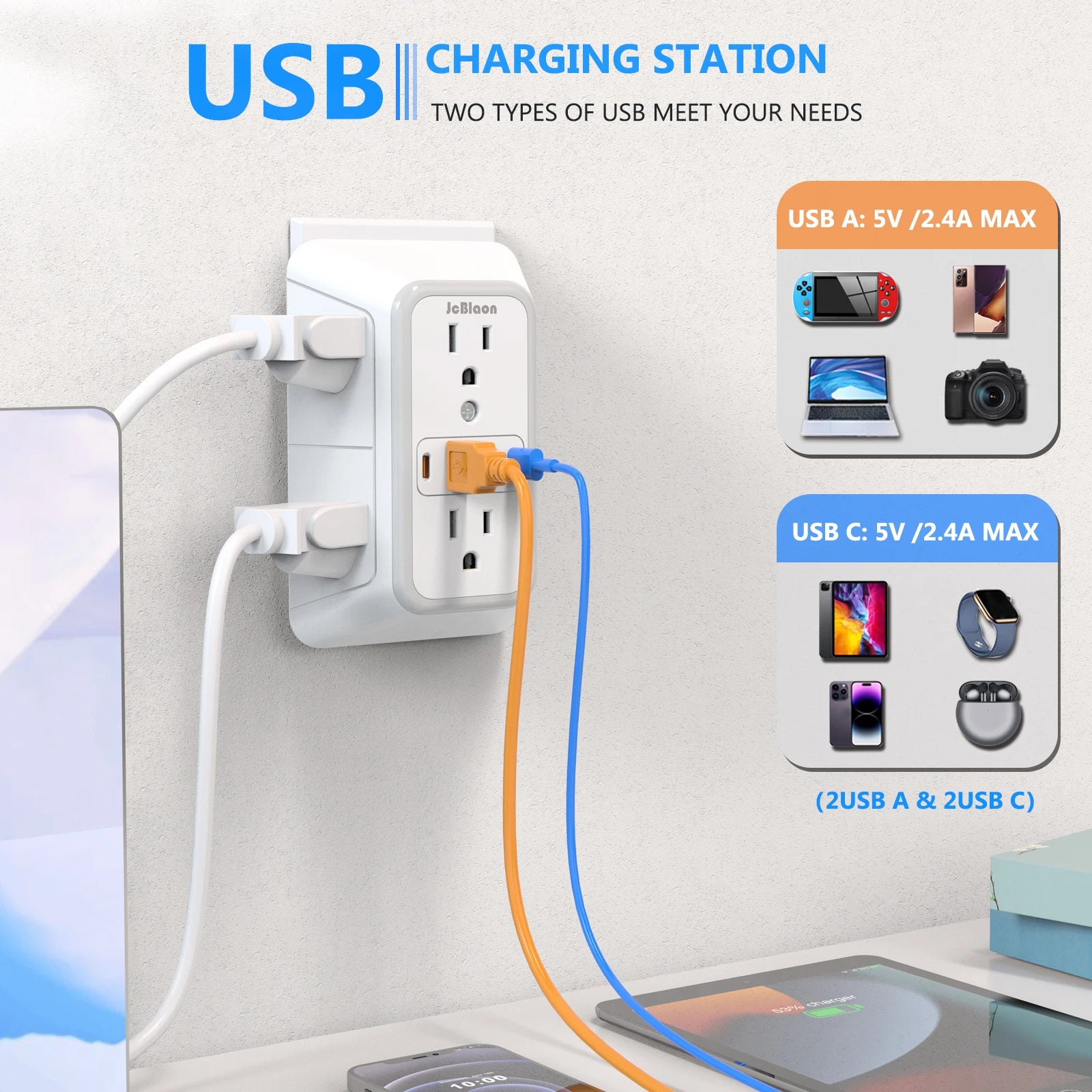 US Multi-Socket Wall Power Strip – 6 AC Outlets, 2 USB & 2 USB-C with Network Filter
