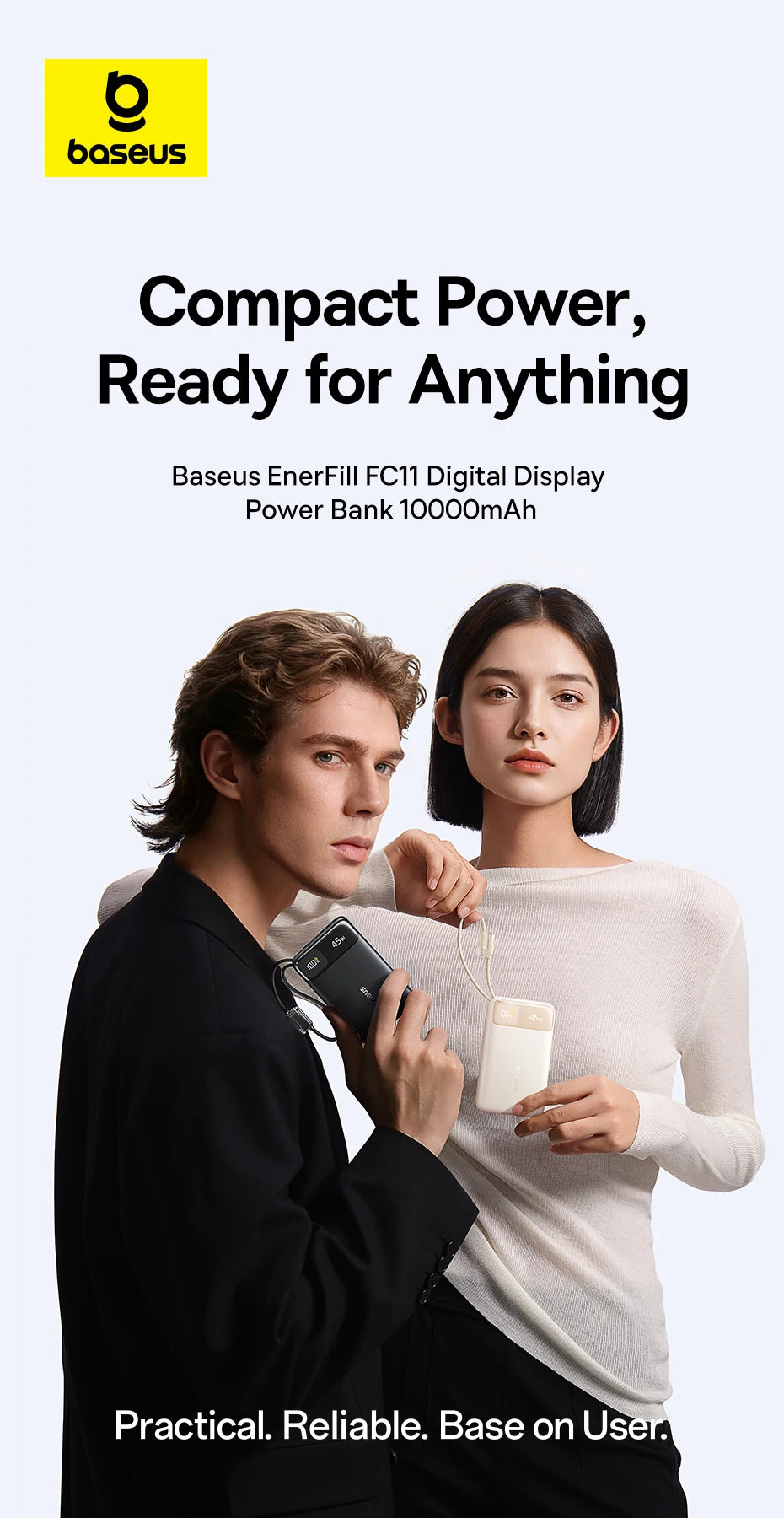 Baseus 45W Power Bank 10000mAh 20000mAh Built-In Dual USB-C Cable Fast Charging for iPhone 17 16 Pro Max Samsung S25 Xiaomi Poco