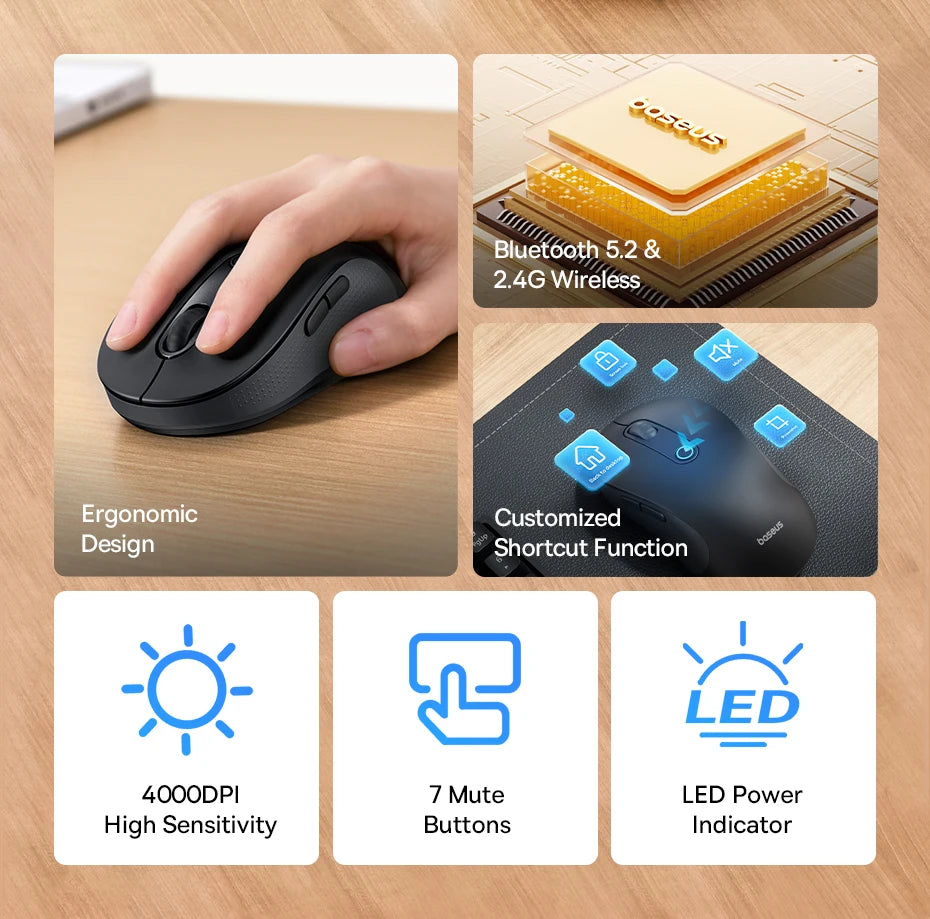 Baseus F02 Wireless Mouse – Ergonomic & Bluetooth
