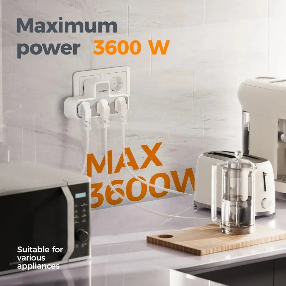 TESSAN Multiple Wall Socket with 3 AC Outlets Charging Ports EU Plug Wall Power Strip with Overload Protection 3fach Stecker Eu