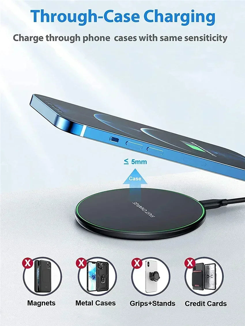 Wireless Charging Pad Fast Wireless Charger Compatible for iPhone 17 Pro 16 15 14 13 12 SE XS Max XR AirPods for Samsung Galaxy