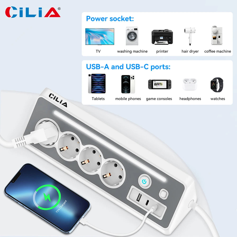CILIA EU Power Strip 4 Schuko 2 USB C 1 USB A, 3680W 16A Surge Protection with Switch LED, 1 5m Cable for Home