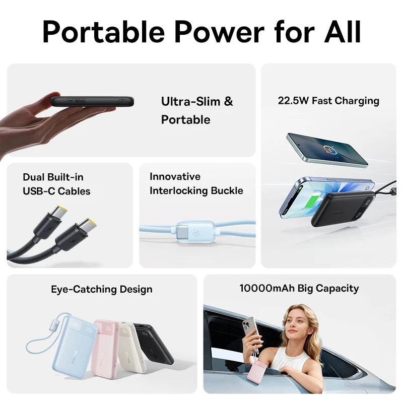 Baseus 10,000mAh Power Bank – 22.5W Fast Charge, Dual USB-C