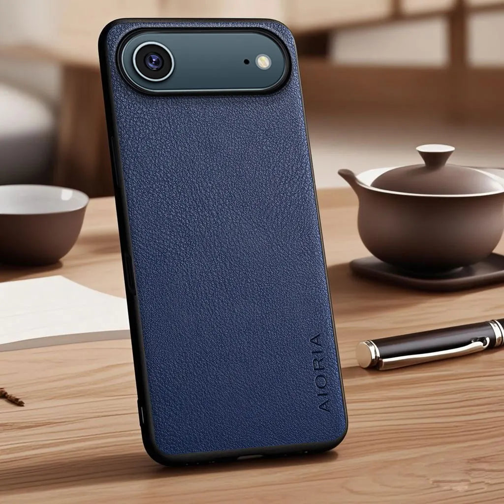 Vegan Faux Lychee Pebbled Leather Case for iPhone 15–17 Series – Soft Protective Cover