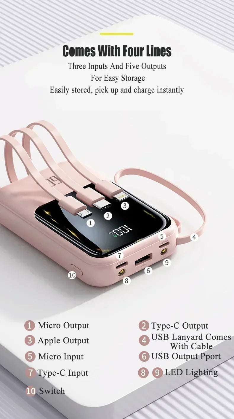 66W 30000mAh Portable Power Bank with Built-in Cables