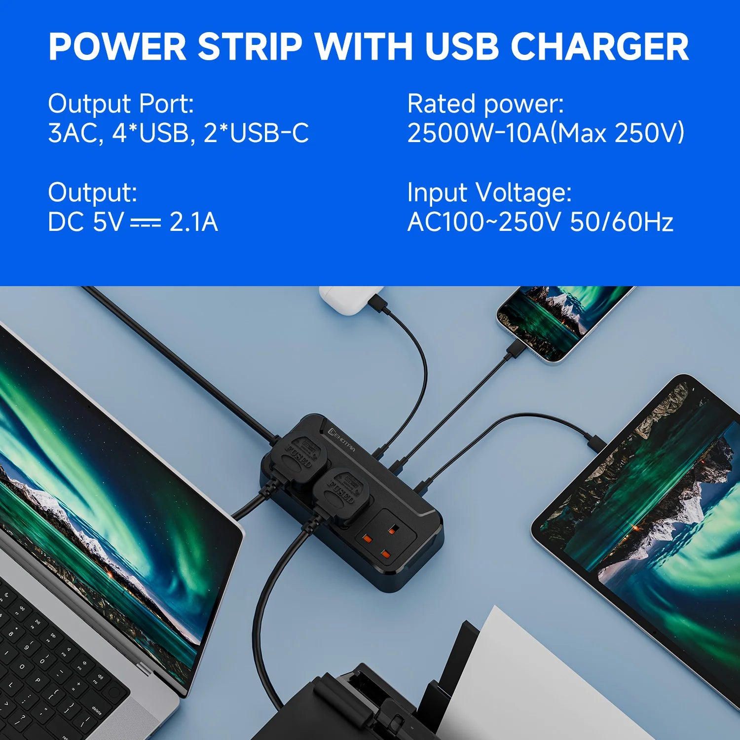 UK Power Strip with USB-C Fast Charging