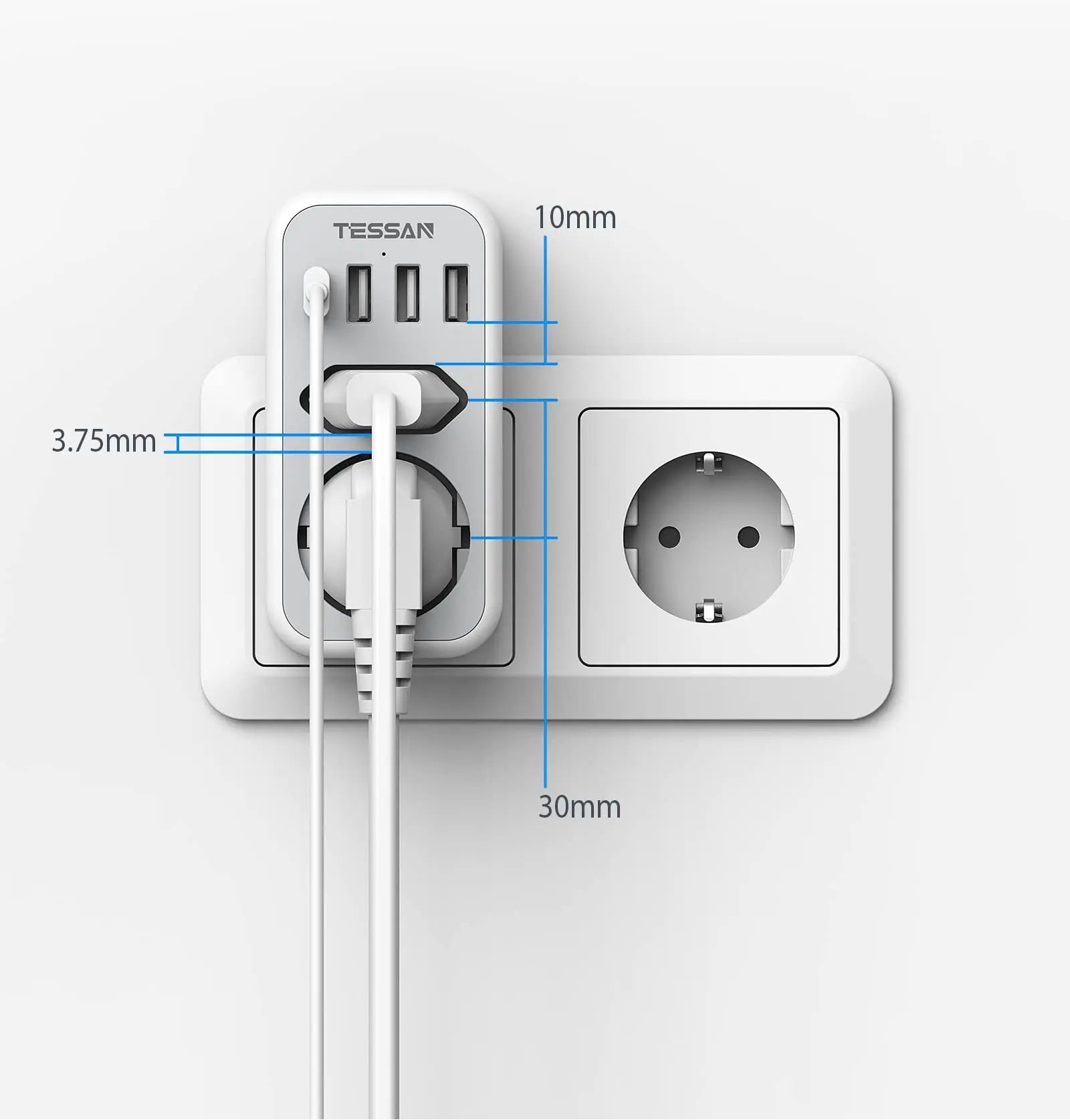Multiple socket with USB ports and cable management on a white background