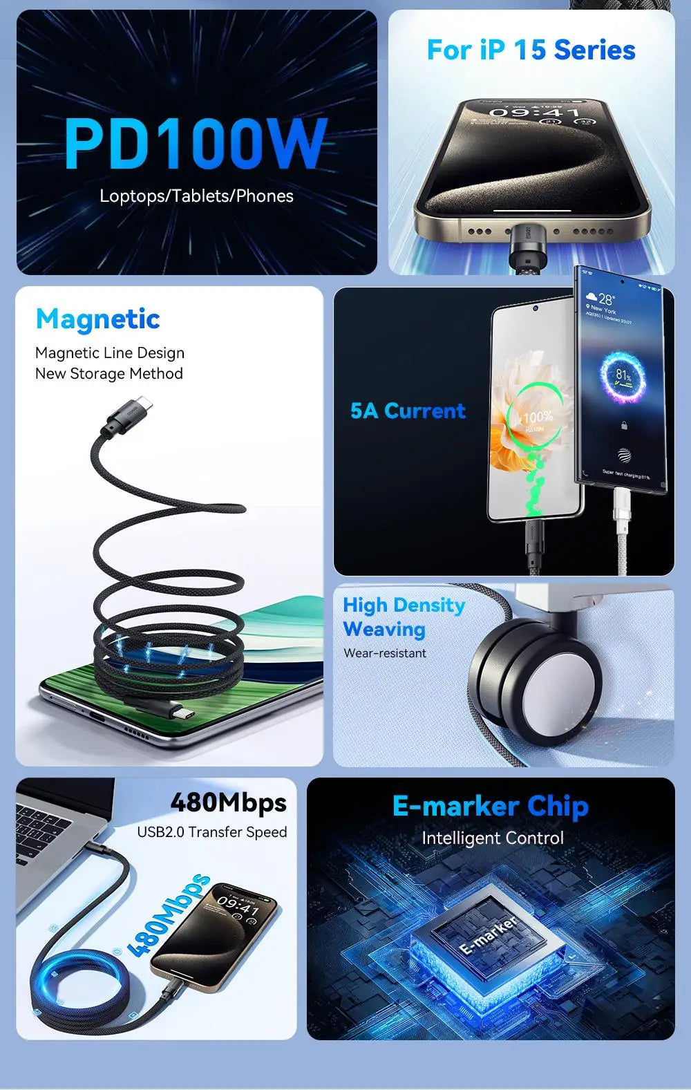 Essager Essager USB C To C 100W Magnetic Fast Charger Cable For iPhone 15 65W Type C To C Data Charging Wire for Laptop Samsung