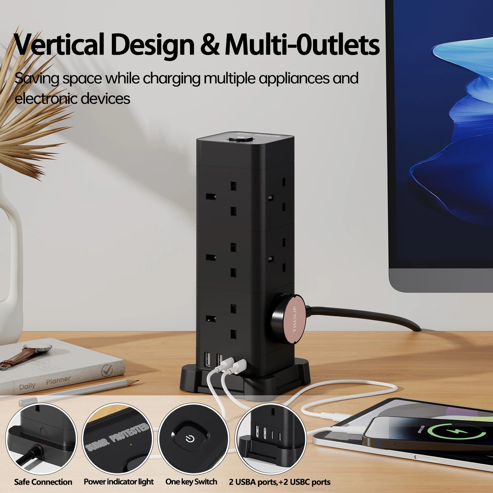 UK Power Tower Extension Lead – Multi Socket Surge Protector with USB-C & USB Charging Ports