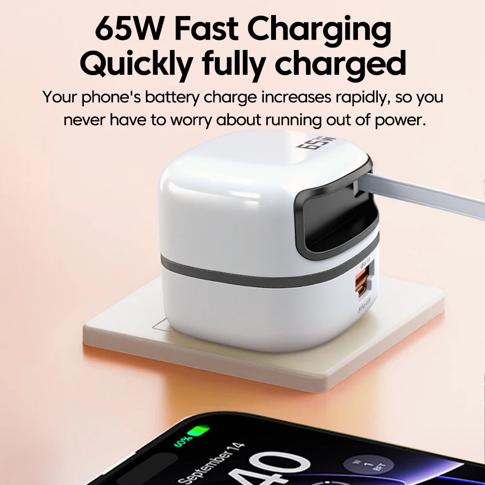 65W USB Type-C Travel Charger – Fast Charging for iPhone, Samsung & Laptops