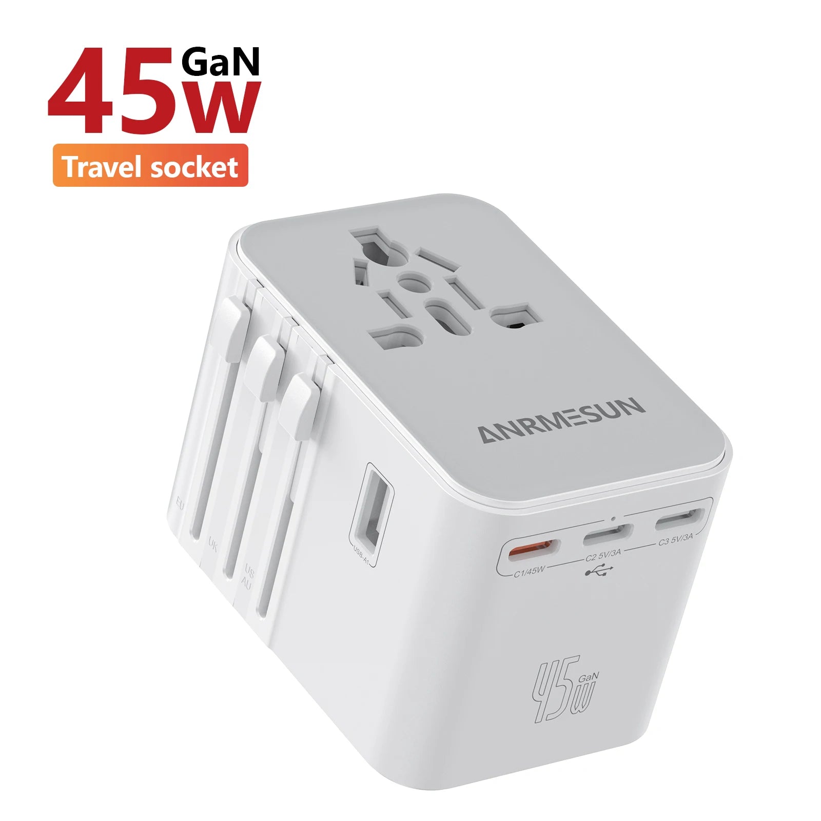 JINGMIN Universal Travel Adapter – 4 AC Outlets + 3 USB/Type-C PD 25W