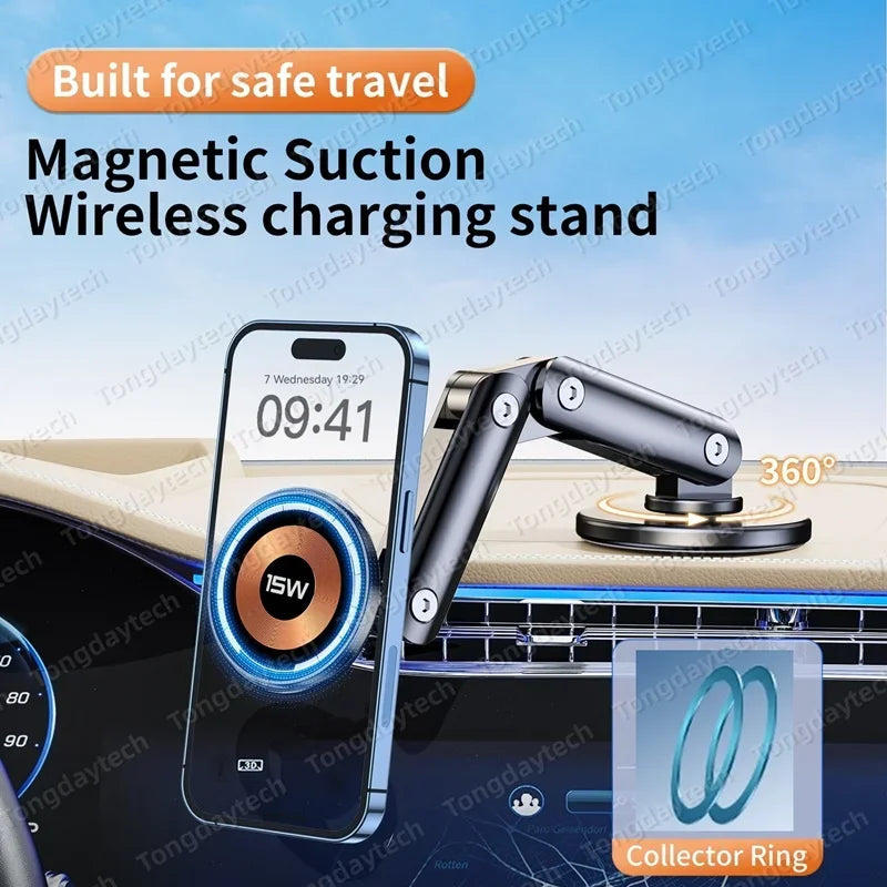 Magnetic Car Charger Holder – 15W Wireless Fast Charge