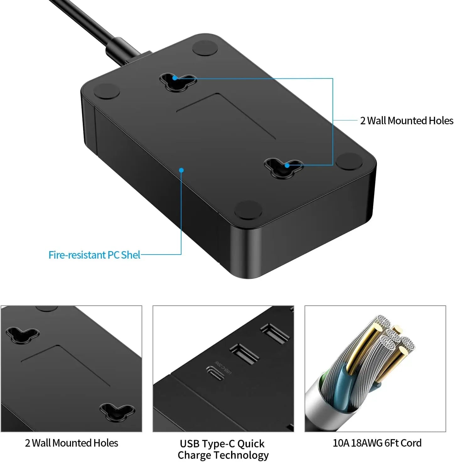 Power socket 2AC 6FT power cord 4 USB charging ports 1 USB-C 20W fast charging flat plug suitable for commercial and office use