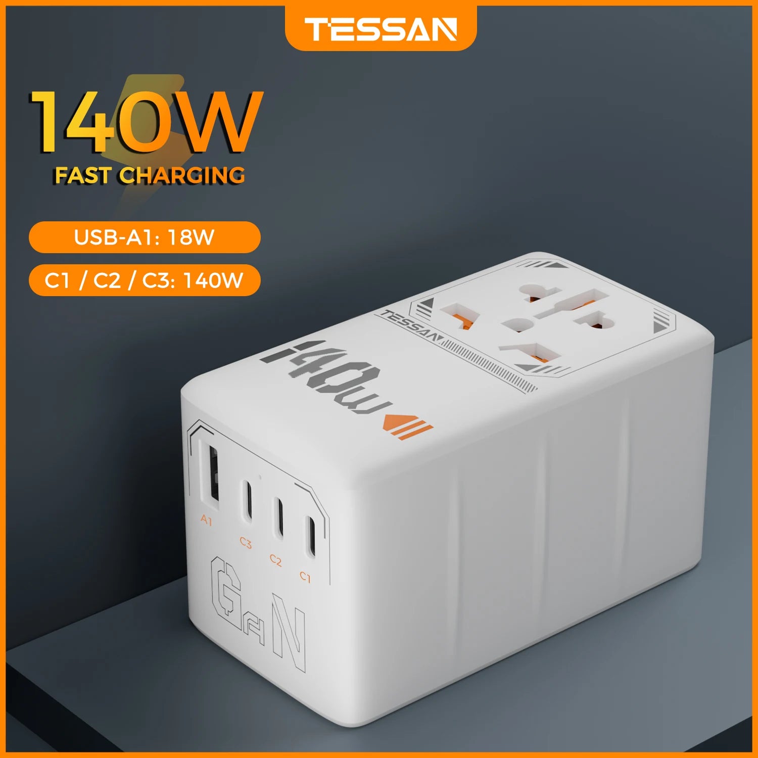 TESSAN 100W GaN Universal Travel Adapter – USB & Type-C Fast Charging
